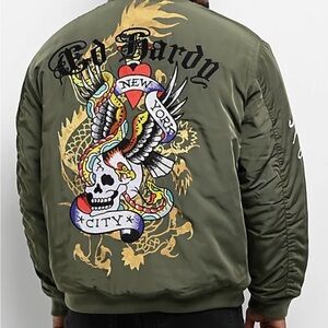 Ed Hardy Olive Bomber Jacket with Graphic Design
